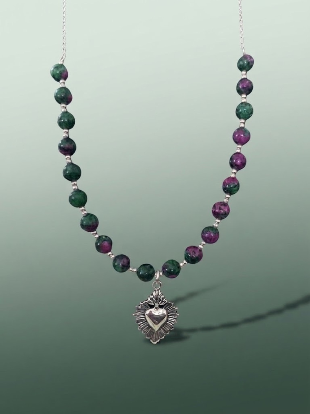 Frida inspired silver 925  Heart Pendant Bead Necklace - with Ruby in Zoisite